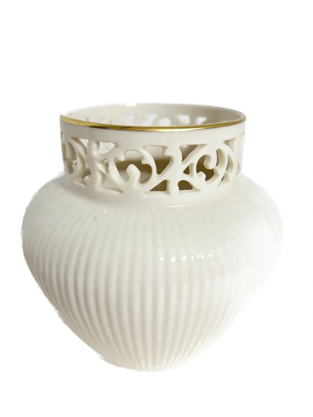Vintage Lenox Ivory Porcelain Pierced Neck Ribbed Vase Gold Trim Made In USA